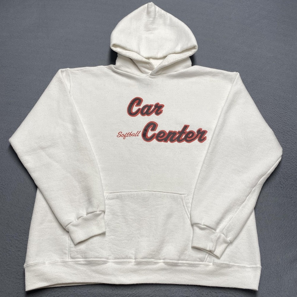 VINTAGE Russell Athletic Hoodie Mens Large‎ White Pullover Made USA Softball 90s